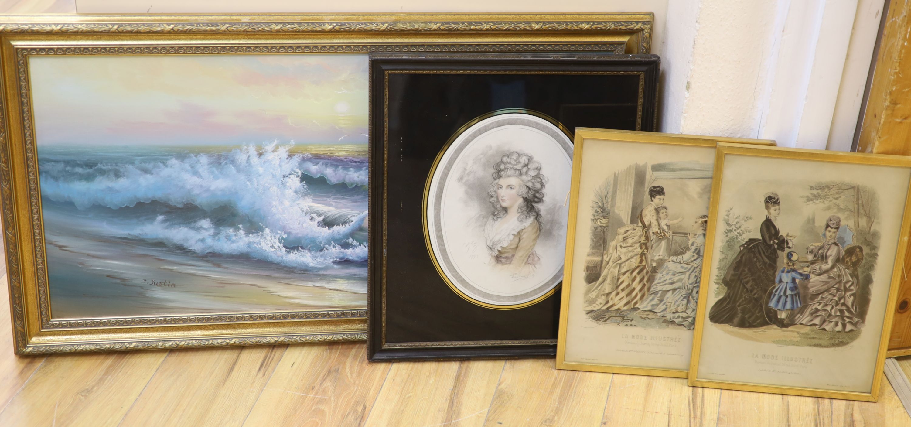 J.Justin, oil on board, Waves breaking on the shore, 40 x 80cm, a mezzotint of an 18th century lady and a pair of French fashion plates